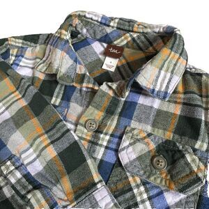 Tea collection blue green plaid flannel button down shirt boys 4 fall cozy retro